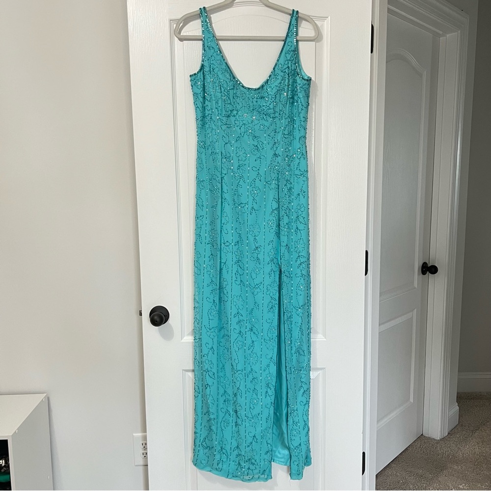 VINTAGE Alyce 100% Silk Floral Beaded Turquoise Maxi Gown Slip Dress